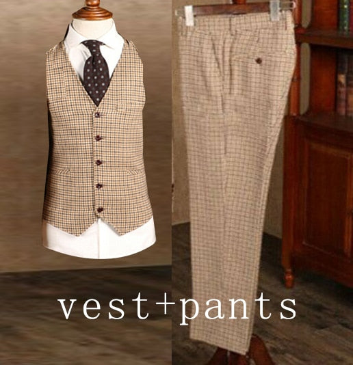 Brown Classic Plaid Tweed Suit for Men Slim fit Groom Wedding Tuxedo Blazer Male Formal Business Jacket Vest Pants 3 Piece