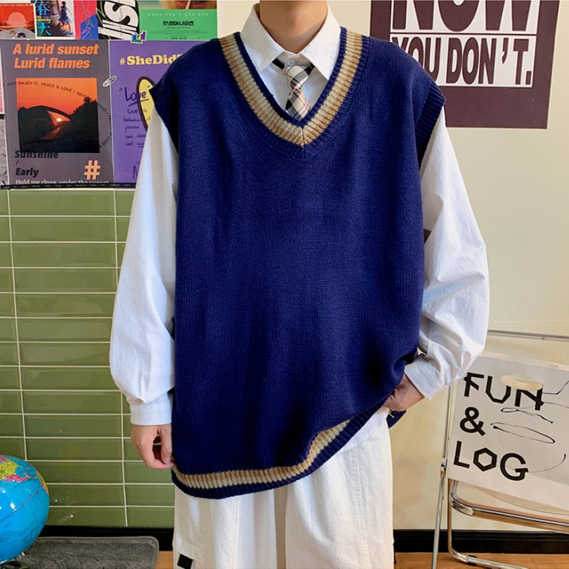 sanyamk Korean Clothes Sleeveless V-neck Knitted Vest Sweater Male Harajuku Khaki Japanese Couple Vintage Pullover Sweater for Men