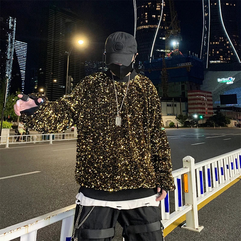 sanyamk - Twinkling Colors Sequins Men's Hoodies Sweatshirts Reflective Hip-Hop Pullovers Singer Stage Streetwear Christmas Party Tops