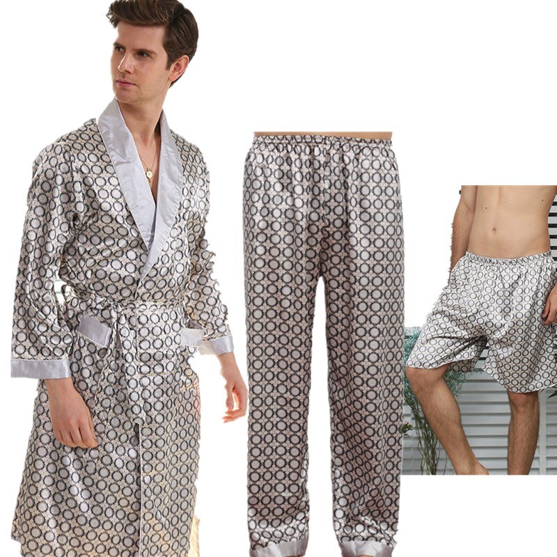 sanyamk 3 PCS Robe Pants Pajama Set 4XL 3XL Men Bathrobe Shorts Suit Silk Sleepwear for Men Kimono Home Soft Cozy Long-sleeved Bath Gown
