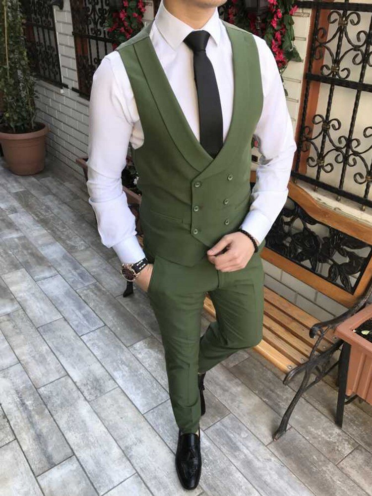 sanyamk Custom Made Men Suits Olive Green Groom Tuxedos Notch Lapel Groomsmen Wedding Best Man 3 Pieces ( Jacket+Pants+Vest+Tie ) C894