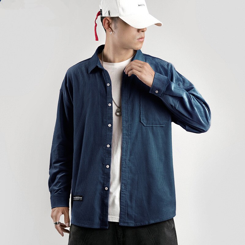 sanyamk Japanese System Male Vintage Flannel Shirt Autumn New Men's Solid Color Loose Long Sleeve Shirt oversized Man Shirt Koszula