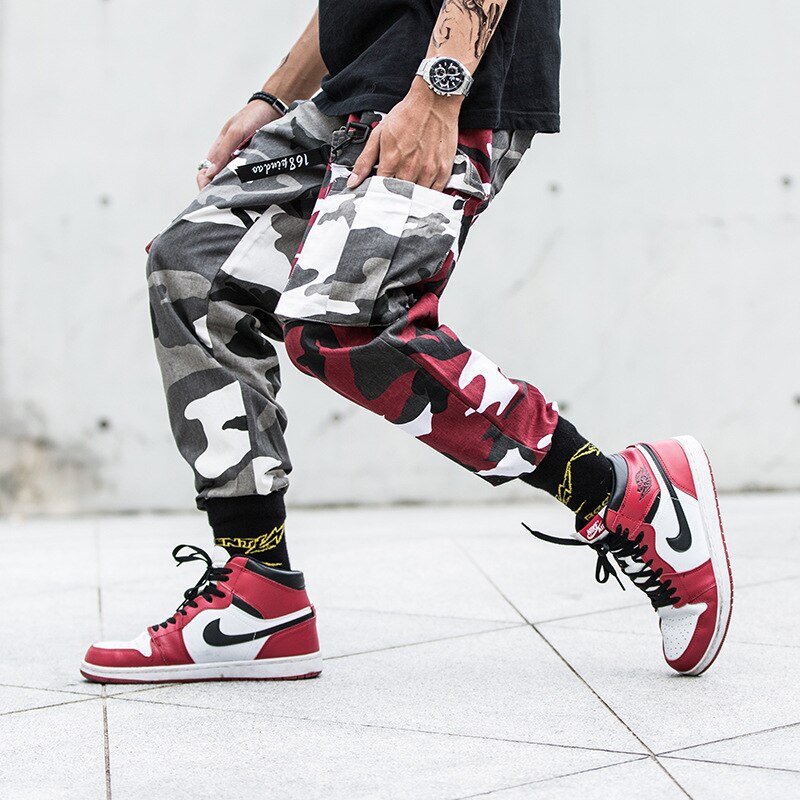 sanyamk Multiple Pockets Camouflage Patch Cotton Men Hip Hop Cargo Pants Joggers Casual Drawstring Pencil Trousers Spodnie Dresowe
