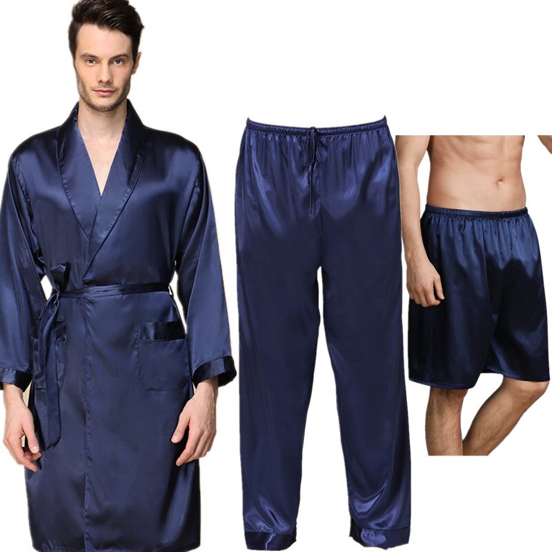 sanyamk 3 PCS Robe Pants Pajama Set 4XL 3XL Men Bathrobe Shorts Suit Silk Sleepwear for Men Kimono Home Soft Cozy Long-sleeved Bath Gown