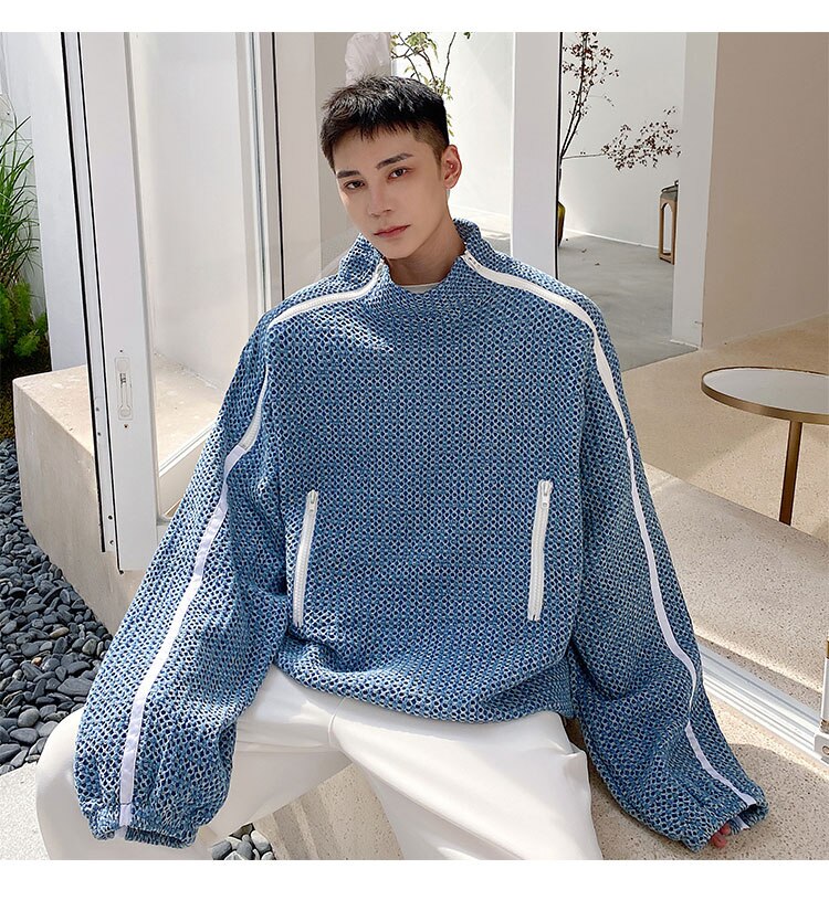 sanyamk Men Denim Stand Collar Double Zipper Loose Pullover Sweatshirt Jacket Man Trend Fashion Streetwear Oversize Sweatshirts Coat Top