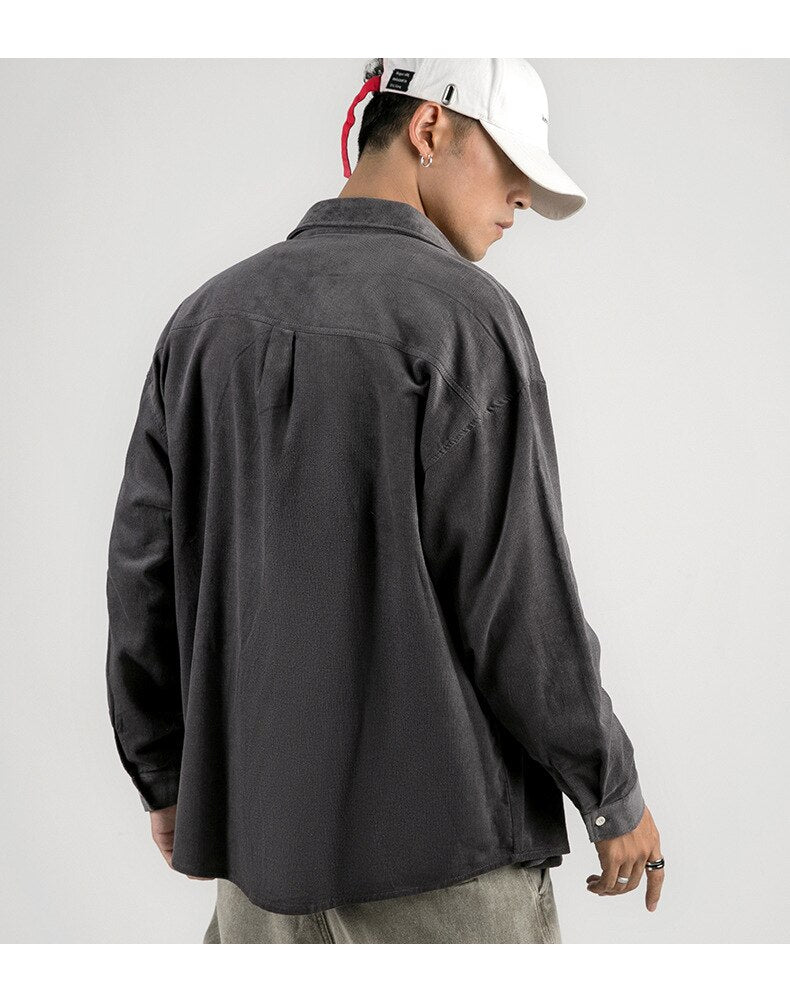 sanyamk Japanese System Male Vintage Flannel Shirt Autumn New Men's Solid Color Loose Long Sleeve Shirt oversized Man Shirt Koszula