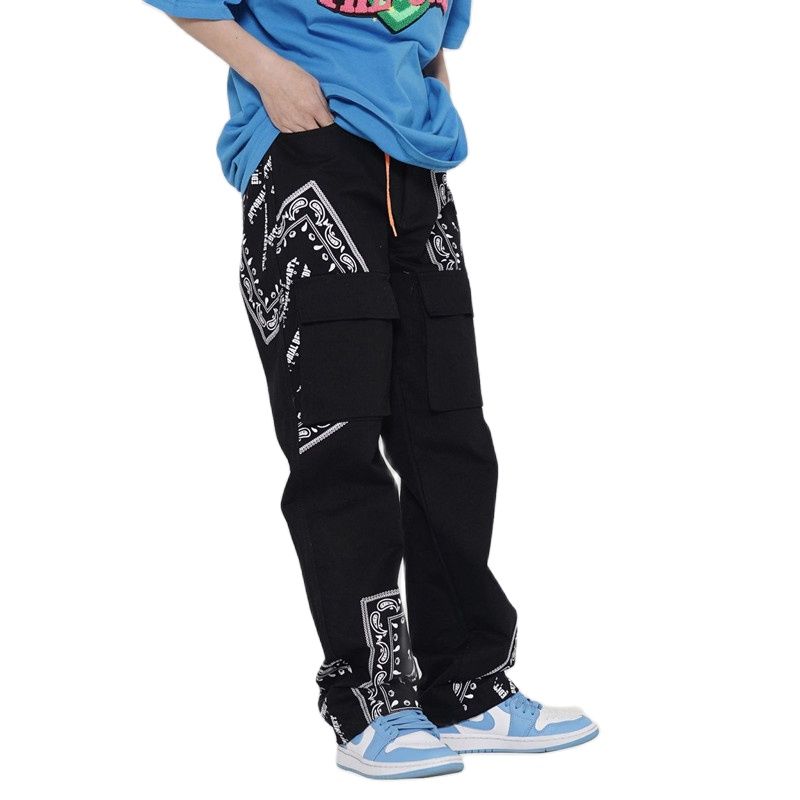 Bonsir Korean Fashion Cashew Flowers Cotton Men Straight Cargo Pants Japanese Streetwear Casual Loose Kpop Trousers Pantalon Homme
