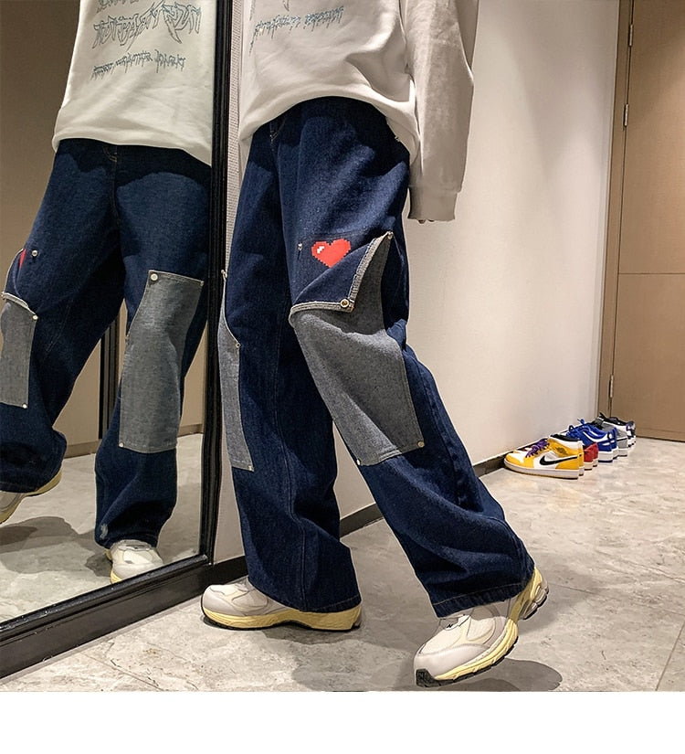 sanyamk Men Jeans Hip Hop Patchwork Oversized Straight Jean Pants Mens Red Heart Print jeans Top Quality Streetwear Denim Pants