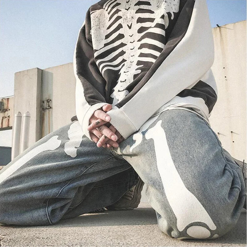 sanyamk Men Jeans Skeleton Oversized Straight jeans Black Pants Denim Mens Streetwear Hip Hop Harem Pants High Wasit Denim Pants