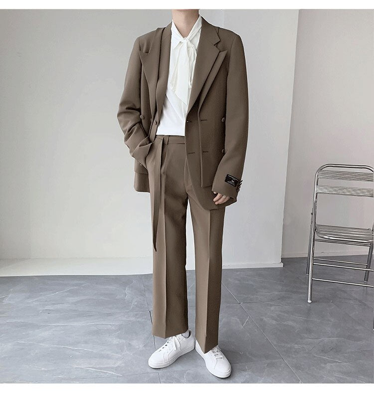 sanyamk Double Collar Design Suits Sets Men Fashion Show Korean Office Business Casual Suits Blazer Jacket Pant Streetwear Suits Man