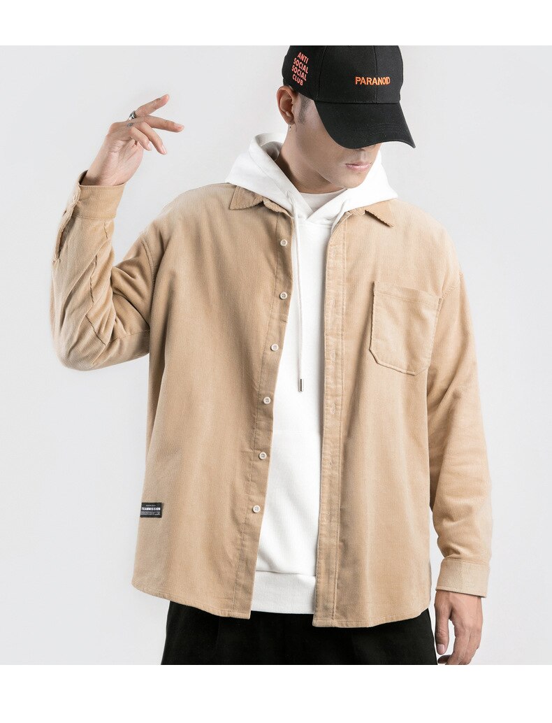 sanyamk Japanese System Male Vintage Flannel Shirt Autumn New Men's Solid Color Loose Long Sleeve Shirt oversized Man Shirt Koszula