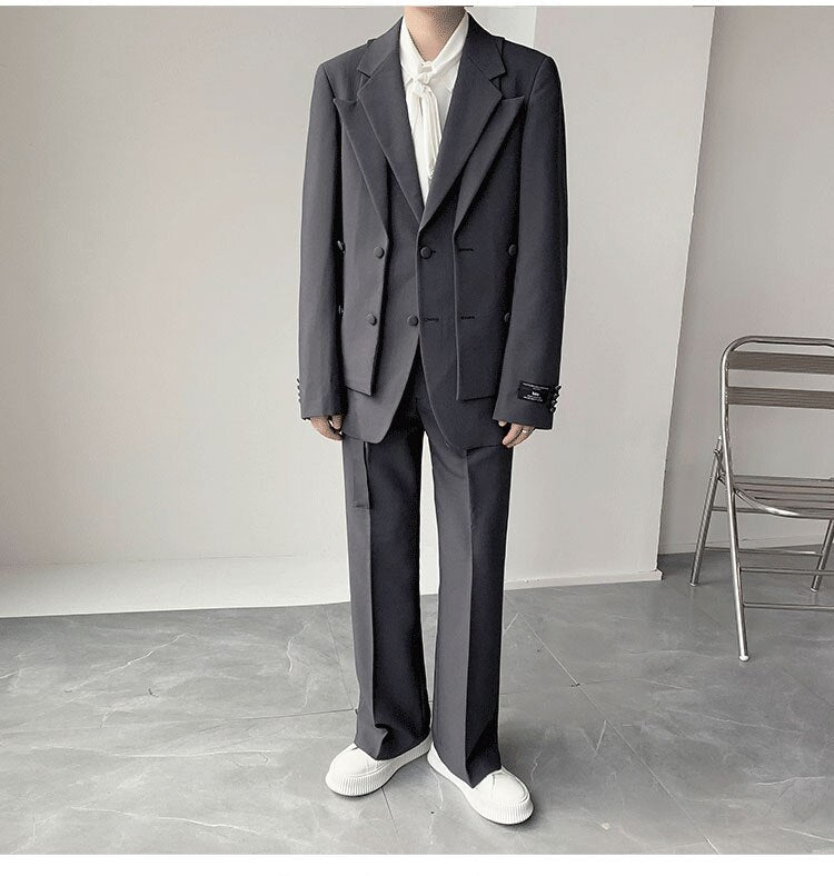 sanyamk Double Collar Design Suits Sets Men Fashion Show Korean Office Business Casual Suits Blazer Jacket Pant Streetwear Suits Man