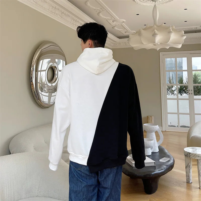 sanyamk Autumn men's black and white contrast color Pullover Hooded Sweater Korean youth high street hip hop loose casual coat trend