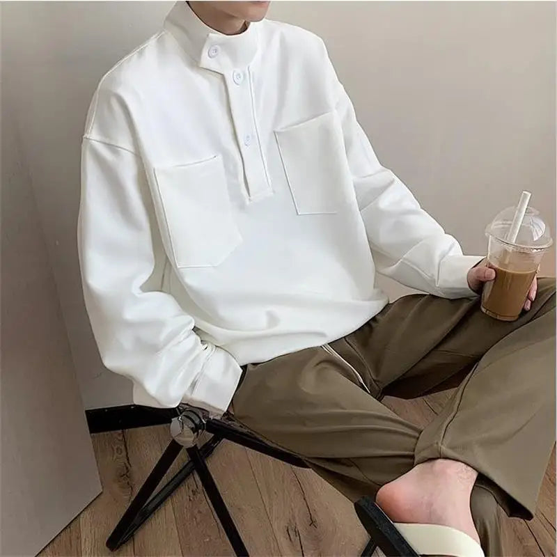 BONSIR - Small high neck Pullover Sweater men's autumn new pocket decoration Korean trendy men's loose coat youth top