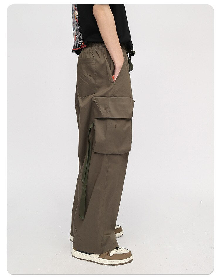Bonsir New Japanese Fresh Cargo Pants Men Loose Wide-Leg Casual Streetwear Trousers Hip-Hop Straight Solid Color Multi-Pocket Clothing