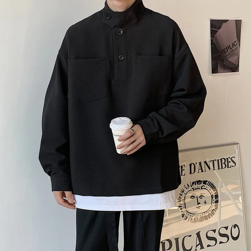 BONSIR - Small high neck Pullover Sweater men's autumn new pocket decoration Korean trendy men's loose coat youth top