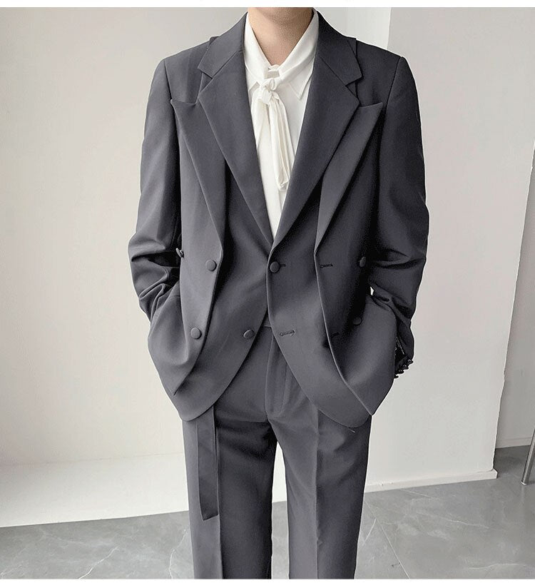 sanyamk Double Collar Design Suits Sets Men Fashion Show Korean Office Business Casual Suits Blazer Jacket Pant Streetwear Suits Man