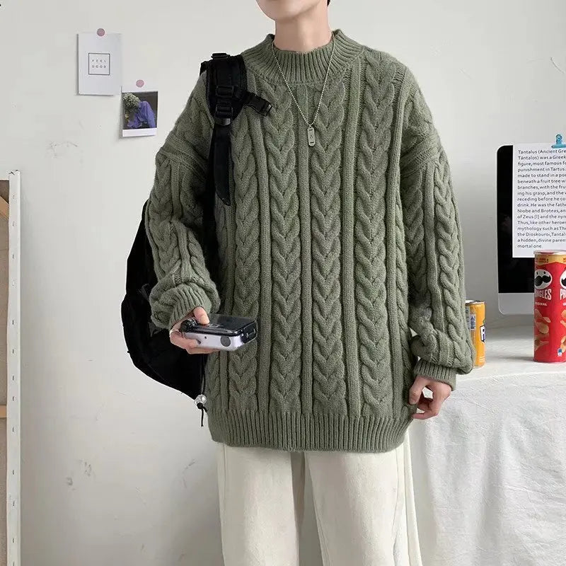 Bonsir - new round neck knitted sweater autumn and winter men's knitting thick wool twisted twist pullover sweater
