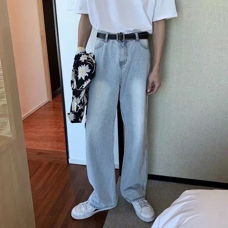 sanyamk Men's Fashion Light Blue Color Jeans Loose Trend Baggy Wide Leg Pants High Quality Trousers Pure Color Casual Pants S-3XL