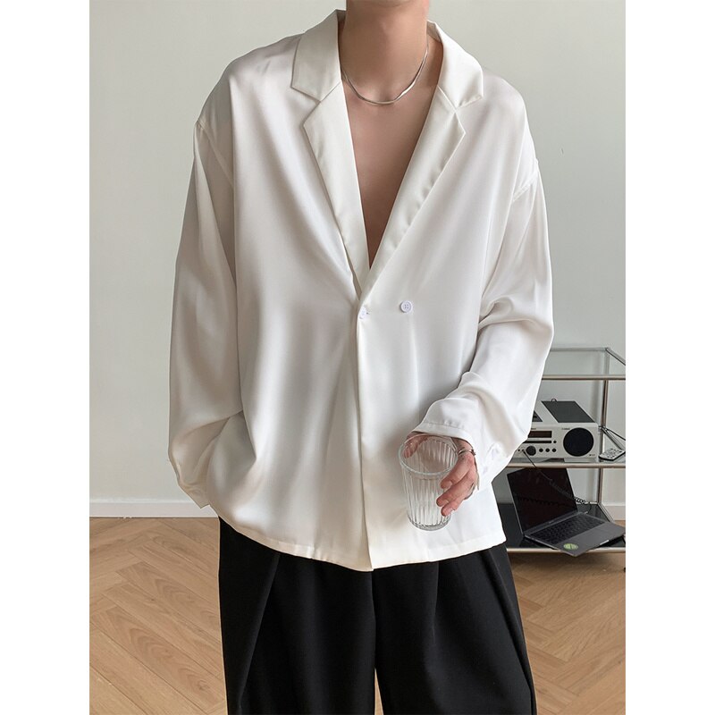 sanyamk Autumn Black White Silk Blazer Men's Fashion Business Society Mens Suit Jacket Korean Loose Casual Dress Jacket Men M-XL