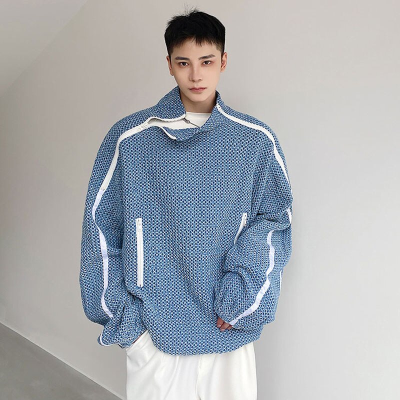 sanyamk Men Denim Stand Collar Double Zipper Loose Pullover Sweatshirt Jacket Man Trend Fashion Streetwear Oversize Sweatshirts Coat Top