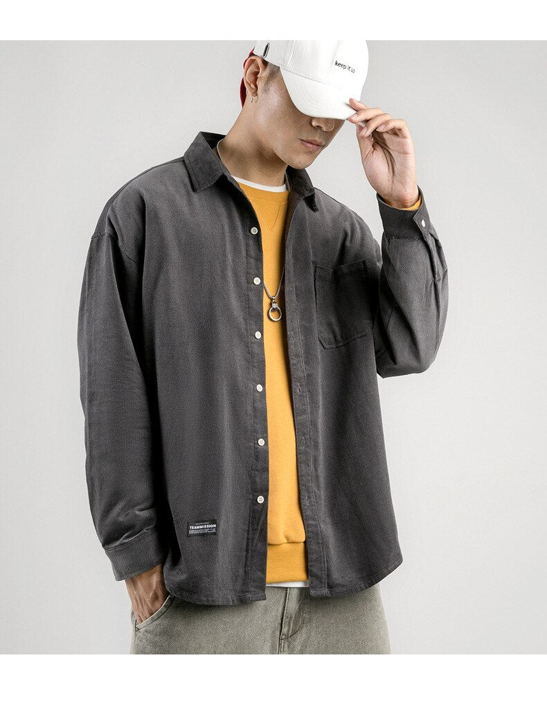 sanyamk Japanese System Male Vintage Flannel Shirt Autumn New Men's Solid Color Loose Long Sleeve Shirt oversized Man Shirt Koszula