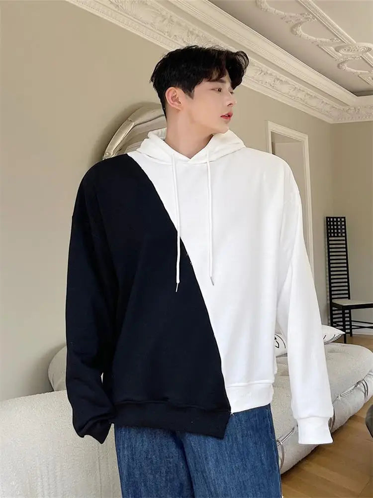 sanyamk Autumn men's black and white contrast color Pullover Hooded Sweater Korean youth high street hip hop loose casual coat trend