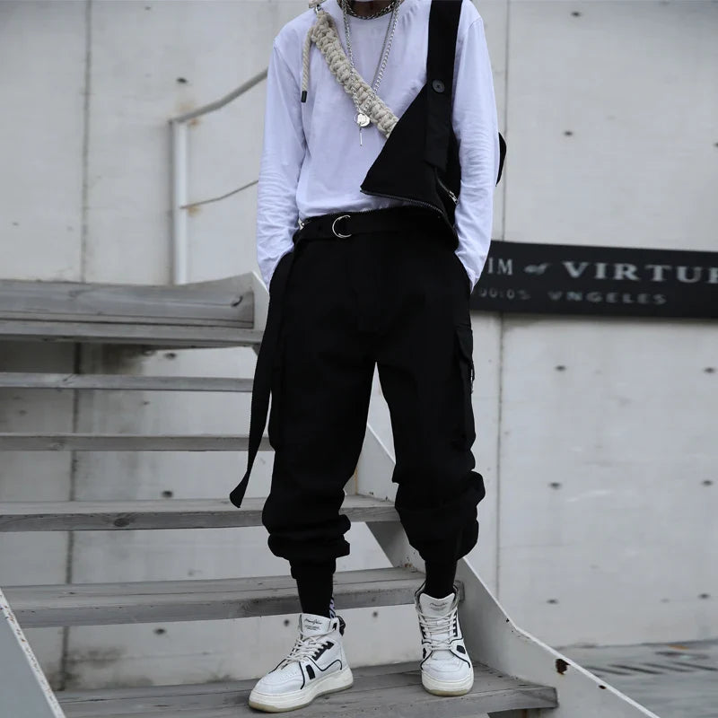 sanyamk - Autumn men's work clothes suspenders hair stylist dark functional casual pants teenagers loose Hip Hop Pants