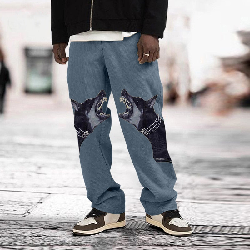 Bonsir Dog Print Man Loose Straight Oversize Pants Male Streetwear Hip Hop Long Trousers Fashion Elastic Waist New Arrived Pants