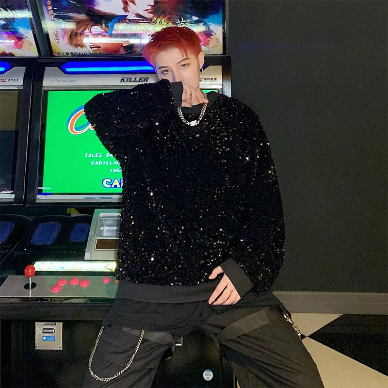 sanyamk - Twinkling Colors Sequins Men's Hoodies Sweatshirts Reflective Hip-Hop Pullovers Singer Stage Streetwear Christmas Party Tops