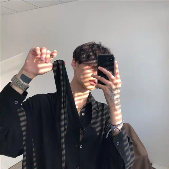 sanyamk Four Seasons Korean Men's Loose Retro Chiffon Fabric Bow Tie Shirt Men's Long Sleeve Nice Clothes Shirts White/black Color Coats