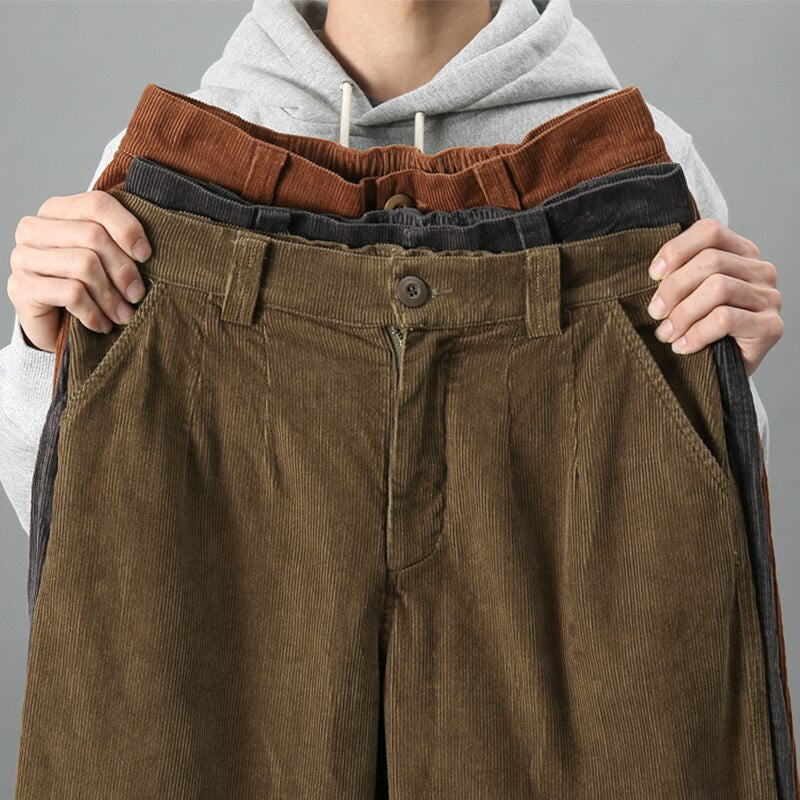 sanyamk New Man's Straight Pants Corduroy Japanese Mid Waist Zipper Trend Vintage Solid Color Loose Casual Mens Wide Leg Trousers