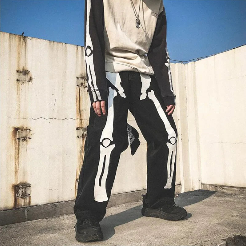 sanyamk Men Jeans Skeleton Oversized Straight jeans Black Pants Denim Mens Streetwear Hip Hop Harem Pants High Wasit Denim Pants