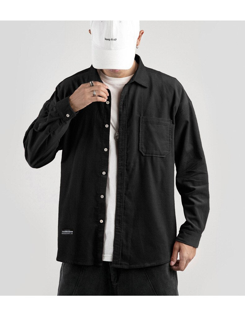 sanyamk Japanese System Male Vintage Flannel Shirt Autumn New Men's Solid Color Loose Long Sleeve Shirt oversized Man Shirt Koszula