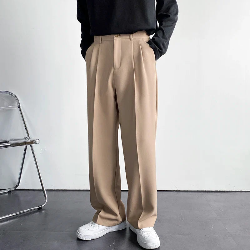 sanyamk - New Fashion Men's Oversize Suit Pants Wide Leg Long Drape Trousers Solid Straight High Waist Casual Pant Black White Khaki
