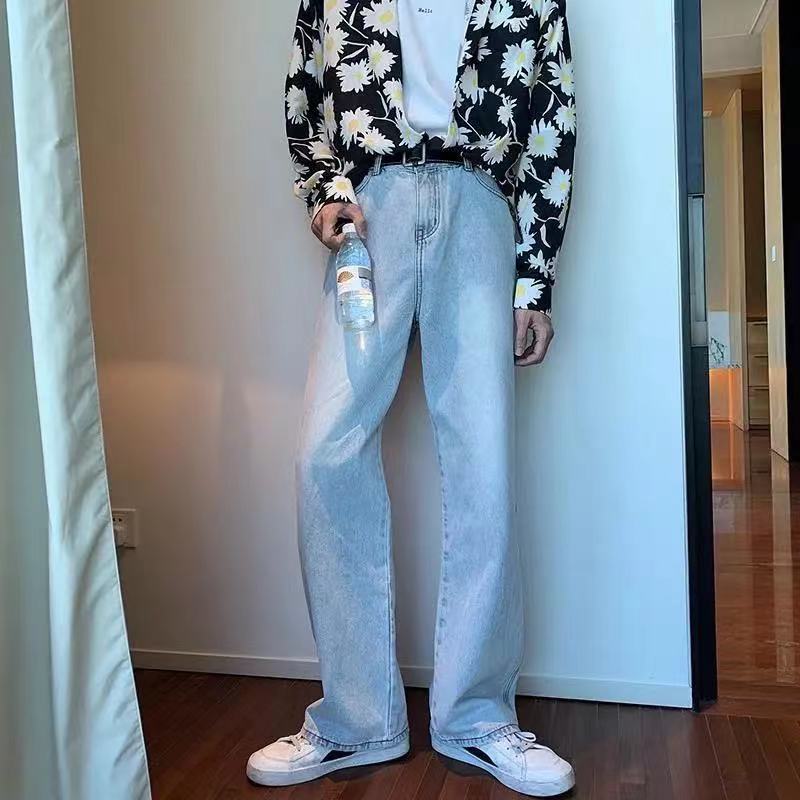 sanyamk Men's Fashion Light Blue Color Jeans Loose Trend Baggy Wide Leg Pants High Quality Trousers Pure Color Casual Pants S-3XL