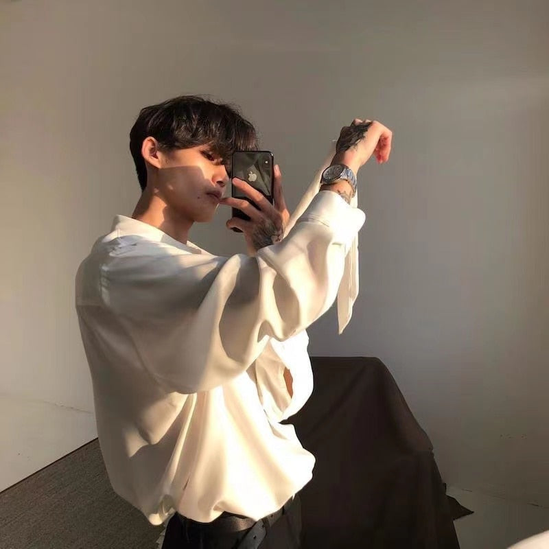sanyamk Four Seasons Korean Men's Loose Retro Chiffon Fabric Bow Tie Shirt Men's Long Sleeve Nice Clothes Shirts White/black Color Coats
