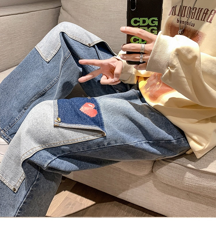 sanyamk Men Jeans Hip Hop Patchwork Oversized Straight Jean Pants Mens Red Heart Print jeans Top Quality Streetwear Denim Pants