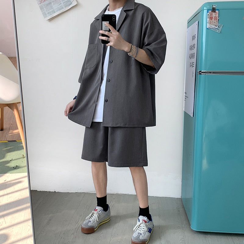 sanyamk Korean Style Men's Set Suit Jacket and Shorts Solid Thin Short Sleeve Top Matching Bottoms Summer Fashion Oversized Clothing Man