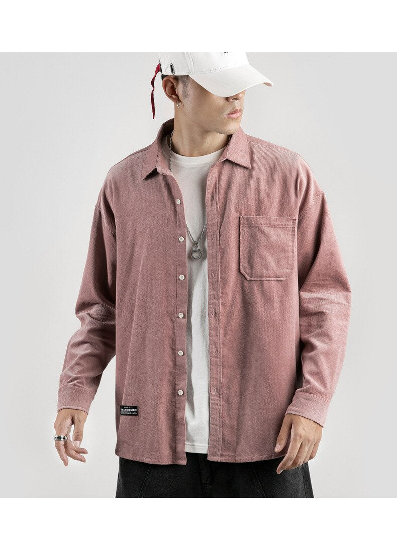 sanyamk Japanese System Male Vintage Flannel Shirt Autumn New Men's Solid Color Loose Long Sleeve Shirt oversized Man Shirt Koszula