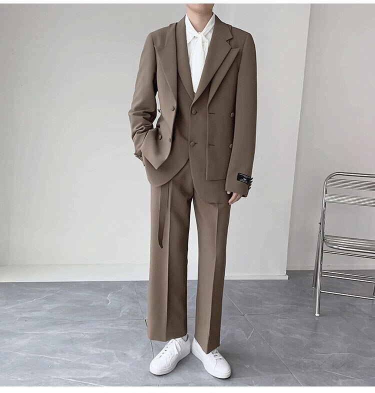 sanyamk Double Collar Design Suits Sets Men Fashion Show Korean Office Business Casual Suits Blazer Jacket Pant Streetwear Suits Man