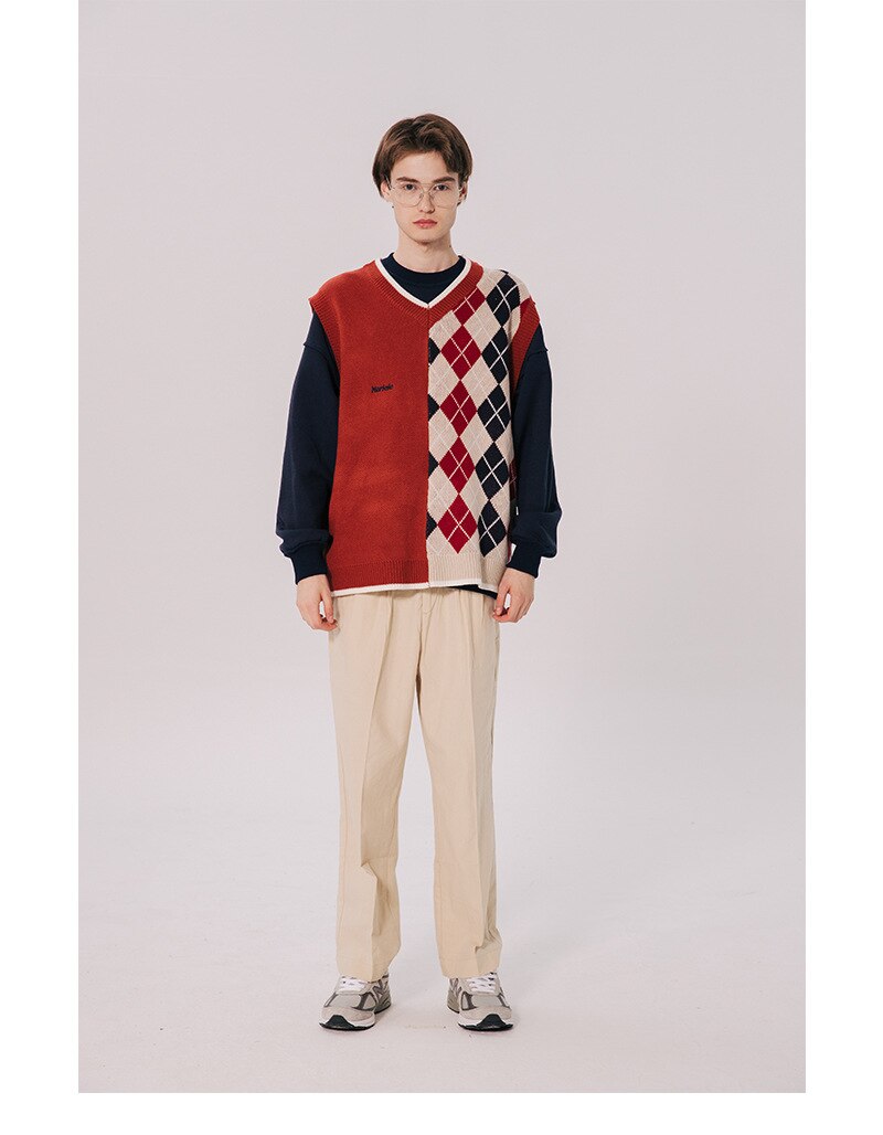 Bonsir Japanese Loose Couple Patchwork Argyle Sweater Vest Men's New Autumn Fashion Harajuku Letter Embroidery Man Pullover Vest