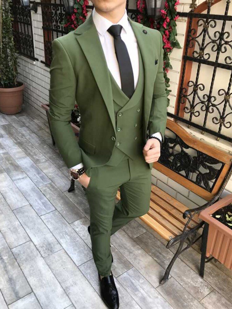 sanyamk Custom Made Men Suits Olive Green Groom Tuxedos Notch Lapel Groomsmen Wedding Best Man 3 Pieces ( Jacket+Pants+Vest+Tie ) C894