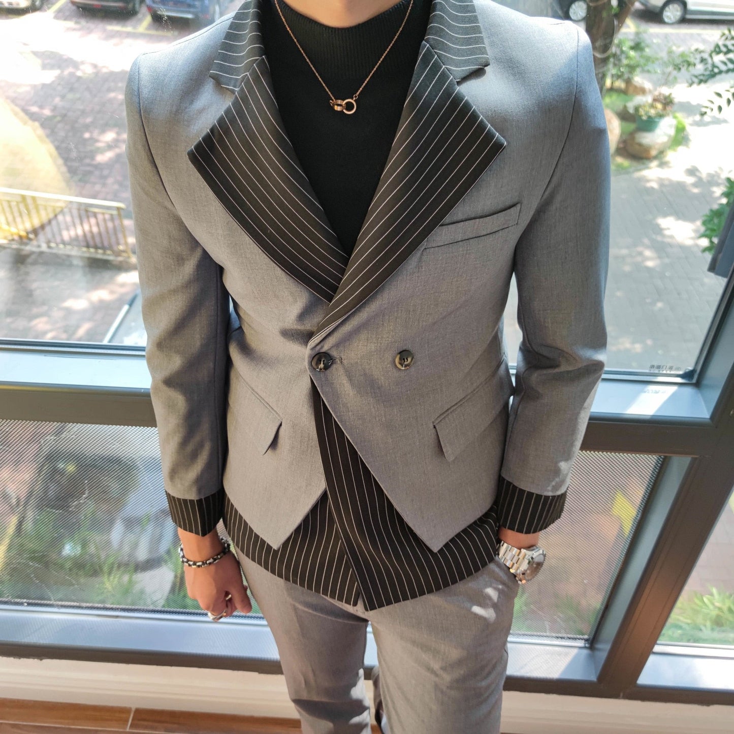 sanyamk Korean Patchwork Suit 2 Piece Suit Blazer Men Suit Set Slim Fit Tuxedo Suit Blazer Suit Men Stylish Blazer Stage Party Club