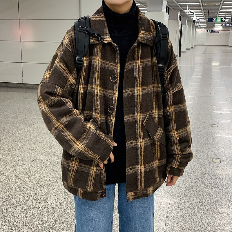 Bonsir Winter Woolen Coat Men Warm Overcoat Fashion Retro Hit Color Tartan Woolen Jacket Men Streetwear Loose Short Woolen Jacket Man
