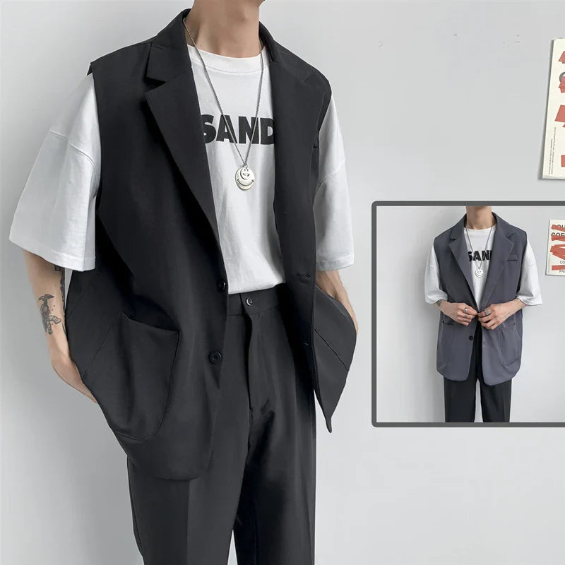 sanyamk - Korean fashion versatile men's loose suit collar vest hairdresser clothing BF style youth casual coat trend