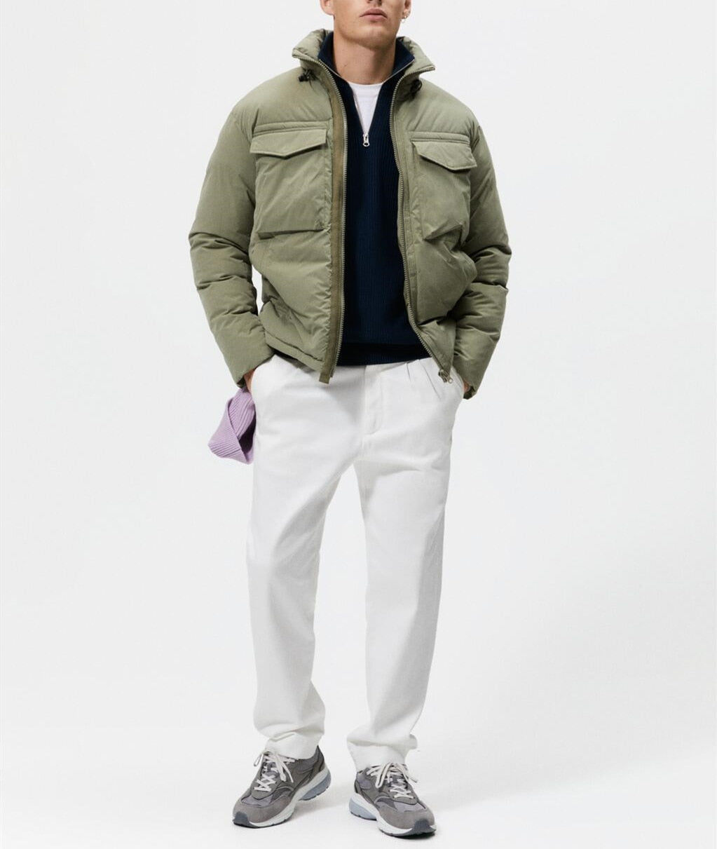sanyamk Men's Cargo Cotton Jacket Big Pocket Warm Solid Color Coats Fashion Windproof Outwear For Male