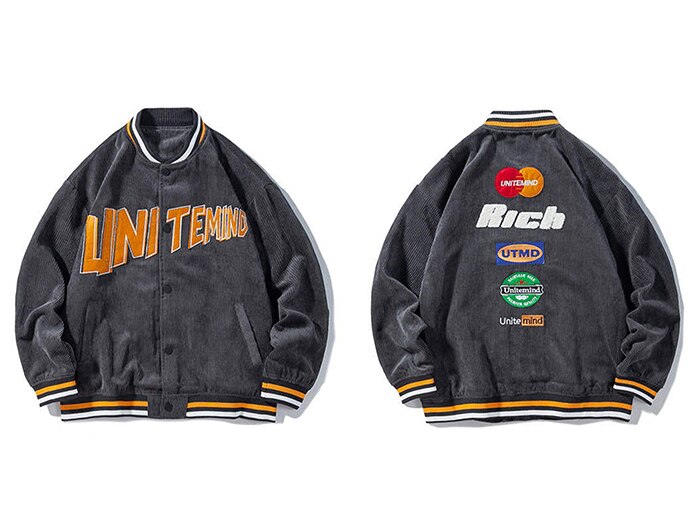Bonsir Streetwear Corduroy Baseball Jacket Coat Uniform Men Letter Embroidery Loose Bomber Jacket College Hip Hop Outwear Tops
