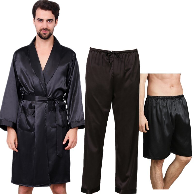 sanyamk 3 PCS Robe Pants Pajama Set 4XL 3XL Men Bathrobe Shorts Suit Silk Sleepwear for Men Kimono Home Soft Cozy Long-sleeved Bath Gown