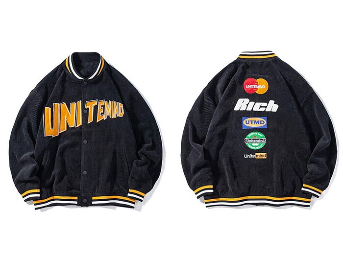 Bonsir Streetwear Corduroy Baseball Jacket Coat Uniform Men Letter Embroidery Loose Bomber Jacket College Hip Hop Outwear Tops